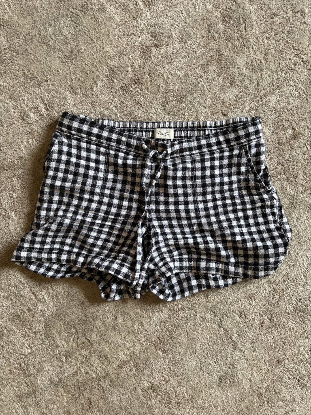 Per Se Black White Gingham Linen Blend Drawstring Shorts Cuffed Pockets M